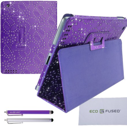Apple iPad 2/3/4 Bling Purple Leather Case with Sparkling Rhinestone Flowers