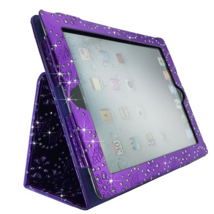 Apple iPad 2/3/4 Bling Purple Leather Case with Sparkling Rhinestone Flowers