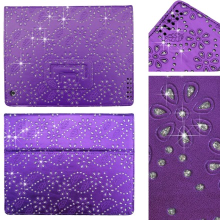 Apple iPad 2/3/4 Bling Purple Leather Case with Sparkling Rhinestone Flowers