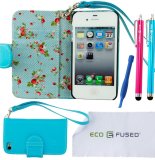 Genuine Blue Real Leather Wallet Case with Inner Floral Print for Apple iPhone 4/4S/4G with Inner Floral Print