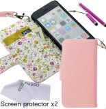 Faux Leather Wallet Case Bundle for iPhone 5C including 1 PU Leather Case with Floral Interior